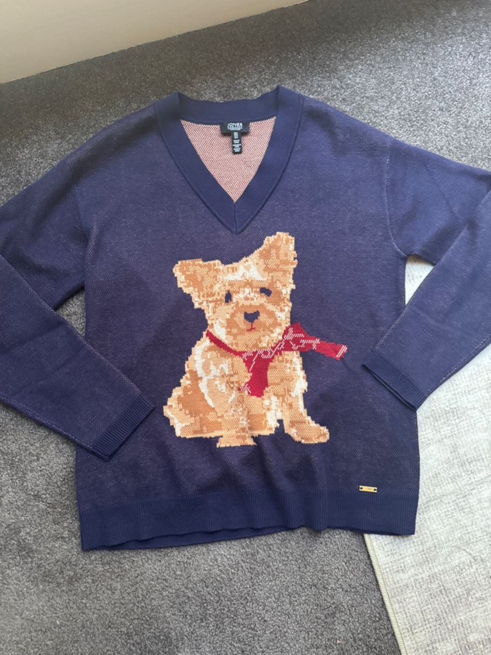 Jones New York Navy Knit Pullover Sweater Dog Graphic V-Neck Long Sleeve S